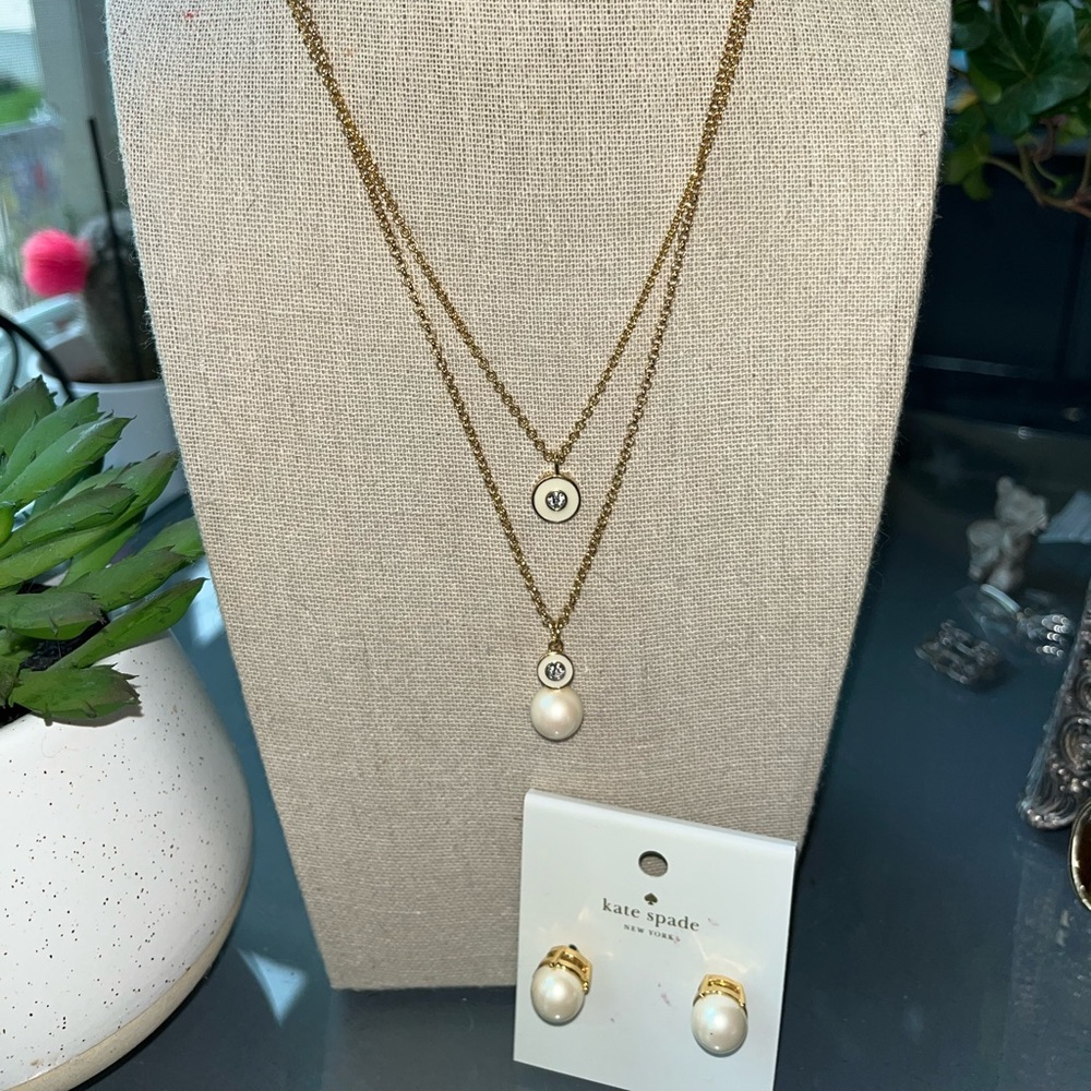 KATE SPADE Gold Plated Layered Pearl Necklace and Pearl Stud Earring